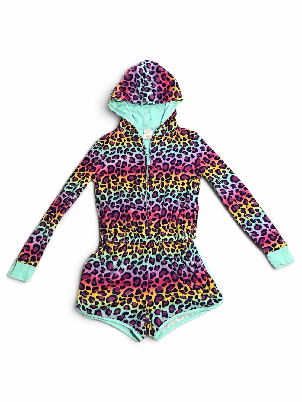 Girls Rainbow Neon Leopard Print Hooded Pajama Romper Medium 7-8 Cat & Jack
